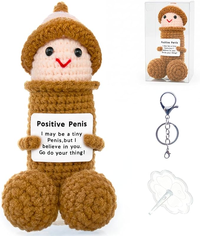 Funny Positive Crochet Animals Gag Doll Emotional Support Stuffed plushies for Adult Men Women,Weird Things Motivational White Elephant (Brown P with Hat)