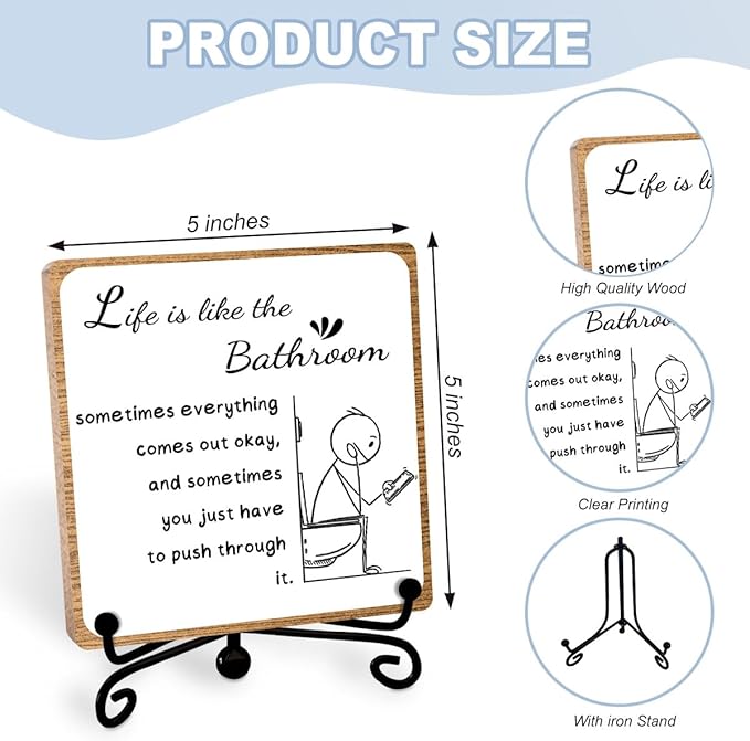 Funny Bathroom Decor, Bathroom Wooden Sign with Stand Decor, Farmhouse Home Toilet Desk Shelf Accessories, Rustic Table Decorations Supplies