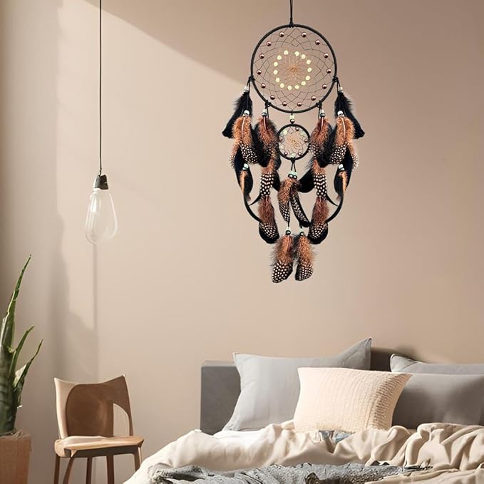 Dream Catchers with Luminous Beads Dream Catchers for Adults Handmade Native American Hanging Wall Decor Ornament for Bedroom Brown