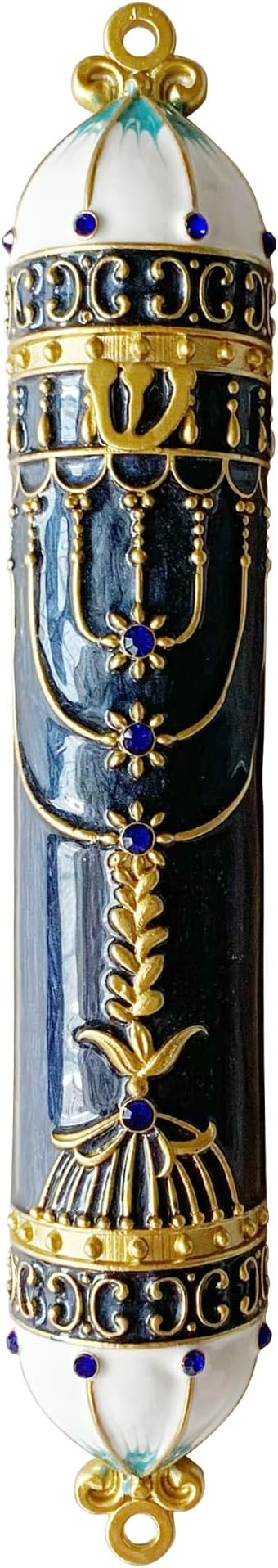 9 Inches Mezuzah, Exquisite Black and Gold Enamel Mezuzah with Blue Crystal Accent