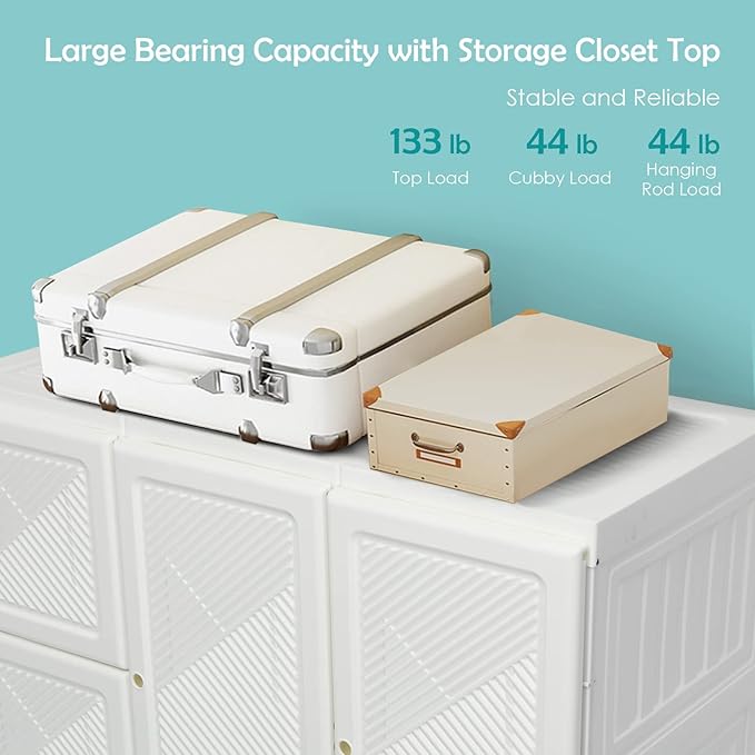 Tangkula Portable Closet Wardrobe, Foldable Clothes Organizer with Cubby Storage, Hanging Rods, Easy Assemble Clothing Storage with Magnet Doors, Folding Bedroom Armoire (10 Cubbies & 2 Rods)