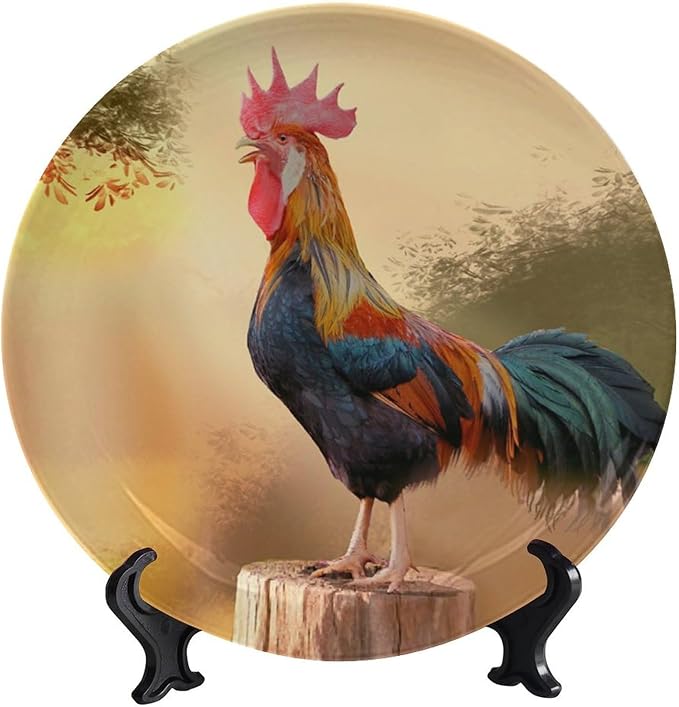 Rooster Decorative Plates, 8 Inch, Crowing Cock Round Display Plate, Handmade Ceramic Ornament, for Wall Hanging Living Room Bathroom Decor Gift