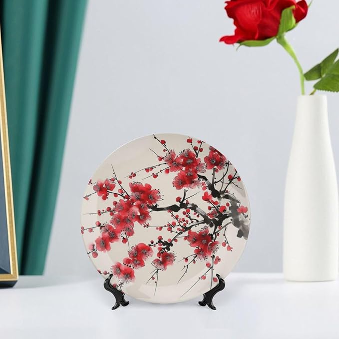 Japanese Spring Theme Decorative Ceramic Plate Round Porcelain Plate,Plum Tree Blossoms Pattern,for Decorative Ornaments Giving Plates, 1 Plate with 1 Display Stand,Red Beige,10 inch