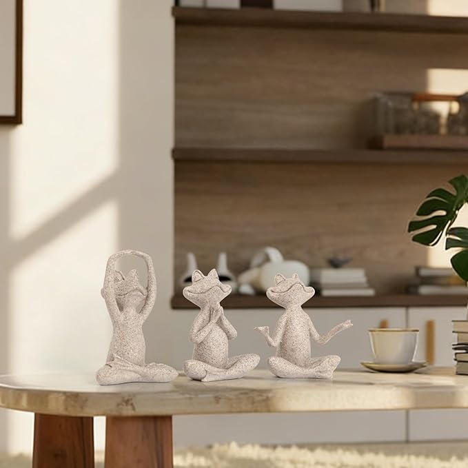 Suoedd Sandstone Frog Figurines Yoga Decor Set of 3 –Frog Yoga Statues for Modern Living Room Table Office Bookshelf Shelves Home Sculptures Decor