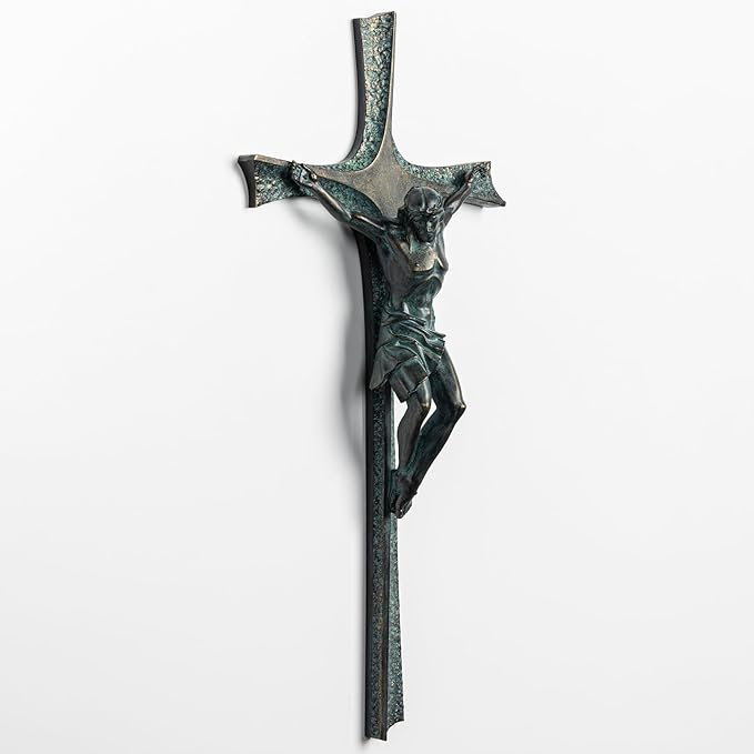 ShineOnAngel Crucifix Wall Cross, 12 Inch Bronze Patina Wall Crucifix Modern Home Decor, Hand Painted Resin Antique Style Jesus Cross for Wall Religious Housewarming Gifts