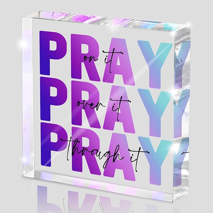 Inspirational Decor, Multicolor Dorm Room Decor for Women, Desk Decorations for Office, Ideal Christian Gifts for Women - Pray On It, Pray Through It - Bible Verse Desk Art, 4 x 4 inch