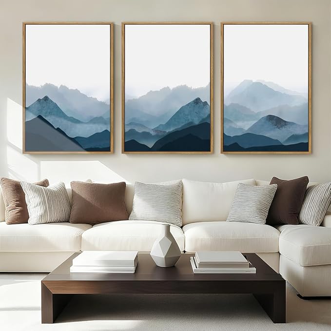 BINCUE Framed Blue Mountain Wall Decor Fog Blue Ridge Mountains Wall Art Minimalist Landscape Artwork Simple Blue Pictures Modern Mountain Wall Paintings for Living Room Bedroom Office 16x24 Inches Set of 3 Gift