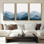 BINCUE Framed Blue Mountain Wall Decor Fog Blue Ridge Mountains Wall Art Minimalist Landscape Artwork Simple Blue Pictures Modern Mountain Wall Paintings for Living Room Bedroom Office 16x24 Inches Set of 3 Gift