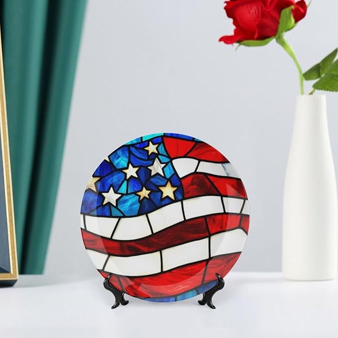 Stars and Stripes Theme Decorative Ceramic Plate Round Porcelain Plate,6 inch,Rainbow Glass Pattern,for Decorative Ornaments Giving Plates,1 Plate with 1 Display Stand,Red Blue