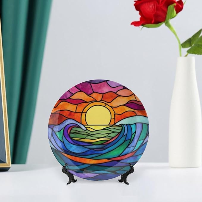 Waves Theme Decorative Ceramic Plate Round Porcelain Plate,6 inch,Sunrise Rainbow Glass Pattern,for Decorative Ornaments Giving Plates,1 Plate with 1 Display Stand,Blue Purple