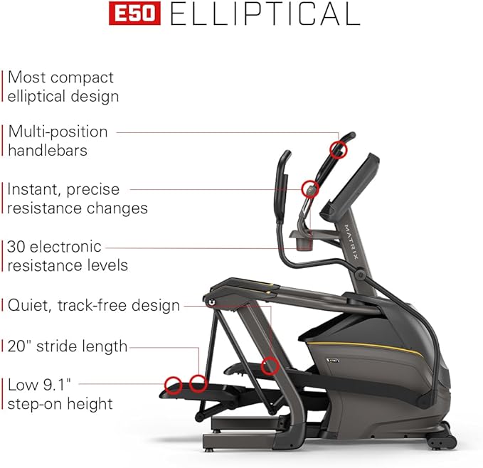 Matrix Fitness E50 Elliptical with XIR | 16" Touchscreen (WiFi+BT+HDMI) | Low Impact Workouts, Full Body Cardio, High Calorie Burn | Space Saving Compact Design, Suspension Elliptical