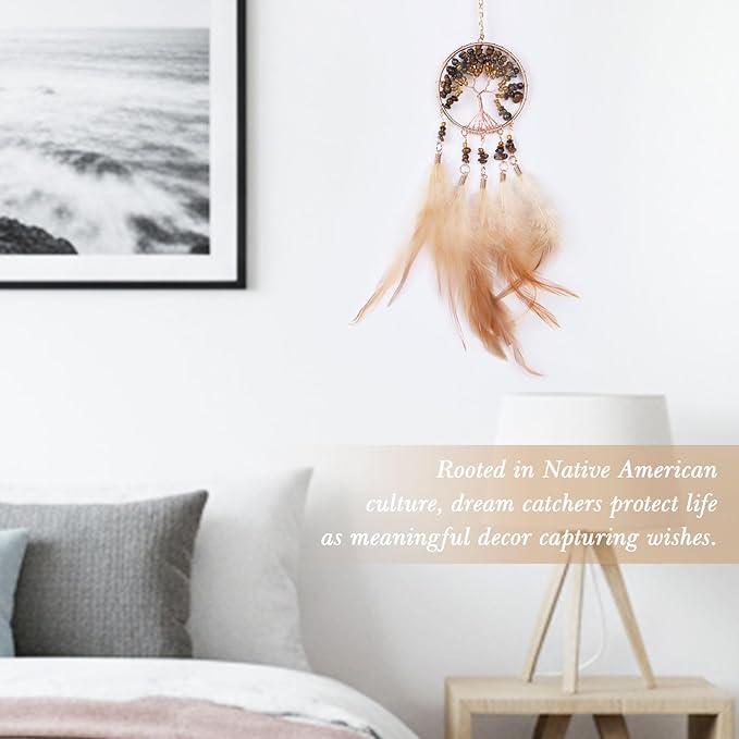 Pretty Jolly Small Tree of Life Crystal Stone Dream Catchers Brown Feathers Mini Dreamcatchers for Cars Rear View Mirror Hanging Decoration Good Luck Travel Charm Bedroom Ornaments for Women Girls