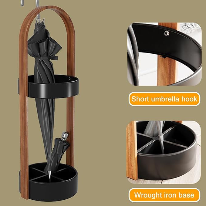 Metal Round Umbrella Stand Rack with Water Collection Tray, Solid Wood Umbrella Holder with Multiple Hooks, Canes Storage Stand Rack for Office, Home, Entryway(White)