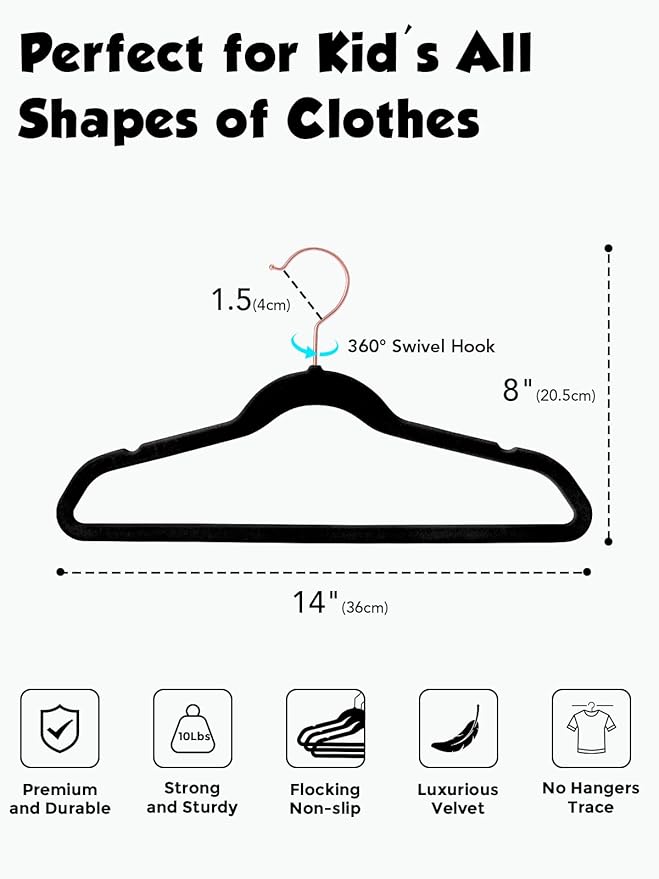 Smartor Kids Velvet Hangers 50 Pack, 14 Inch Premium Non Slip Kids Felt Hangers for Closet, Space Saving Toddler Clothes Hanger for Youth's Childrens' Clothes (Rose Gold Hook)- Black