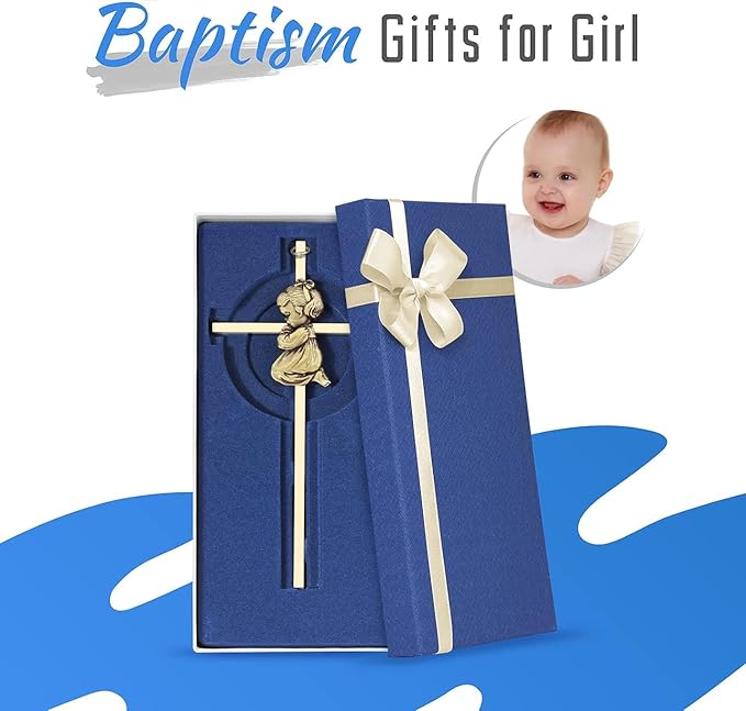 Tryuunion Baby Wall Cross Baptism and Christening Gifts for Girl, 7-inch Olive Golden Blessing Catholic Girl Baptism Crosses for First Holy Communion, and Dedication Baptismal Gifts from Godparents