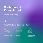 Indigo Wild Zum Mist Room & Body Spray - Aromatherapy Essential Oil Spray - Natural Body Mist & Room Spray - Patchouli Scent - 4 fl oz