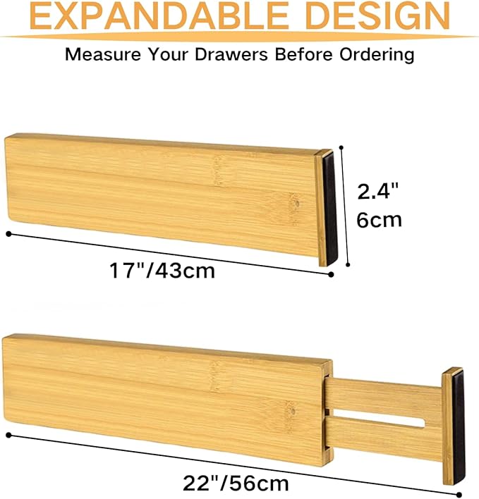 Bamboo Drawer Dividers Set of 4, Adjustable Drawer Organizers for Kitchen, Bedroom, Bathroom, Dresser & Office (17"-22")