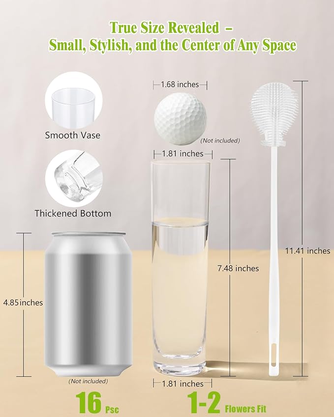 Glass Cylinder Bud Vases for Centerpieces – Set of 16 Handmade Clear Small Flower Vase 7.48 Inches Tall,Wedding Table Decor for Single Rose Vases Bulk,Small Vases Home Decor,Floreros,1 Brush