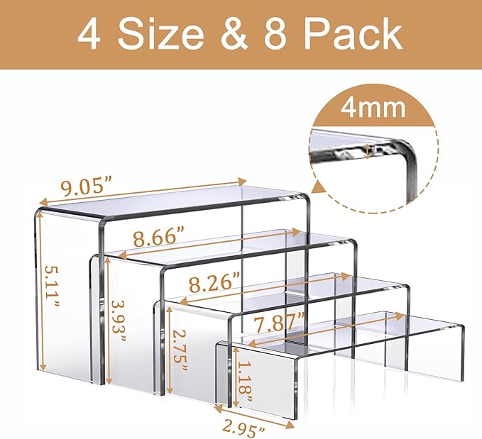MerryNine Acrylic Risers Display Stands, 8 Pcs 2 Set Clear Acrylic Shelves, Plastic Display Risers for Retail, Vinyl Figures, Cupcake, Jewelry, Dessert Display, No Assembly, Scratch-Resistant (Rectangular-4mm-8pcs)