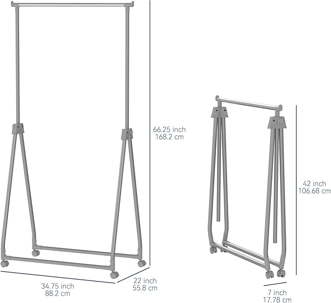 Whitmor Foldable Garment Rack - Rolling Clothes Rack - Adjustable Height Garment Rack, Heavy Duty Foldable Clothes Rack with Adjustable Hanging Rod for Home Office- Dark Grey