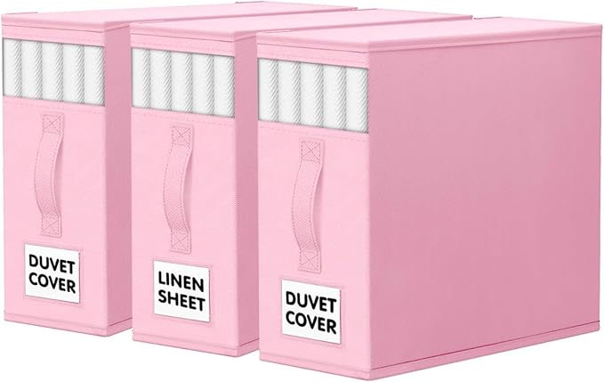 WOWBOX Sheet Organizers and Storage,Closet Bed Sheet Organizer Under Bed Storage and Organization with Label Cards & Clear Window for Bedding Sheets,Duvet Covers,Blankets (3 Pack，Pink)