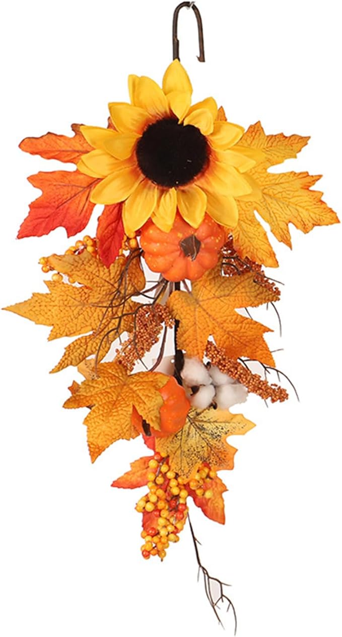 Ochine Artificial Fall Teardrop Swag - Autumn Harvest Hanging Flower for Front Door - Thanksgiving Halloween Christmas Decoration