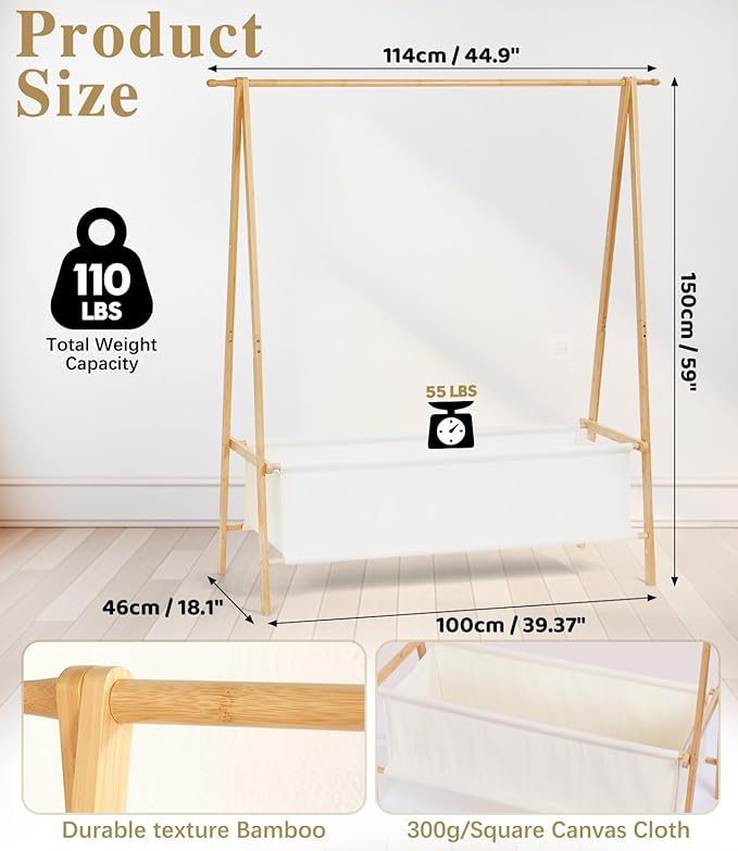 Bamboo Clothes Rack with Storage Box, Portable Extra Large Garment Rack Clothing, Foldable Wardrobe For Entryway and Bed Room (L)