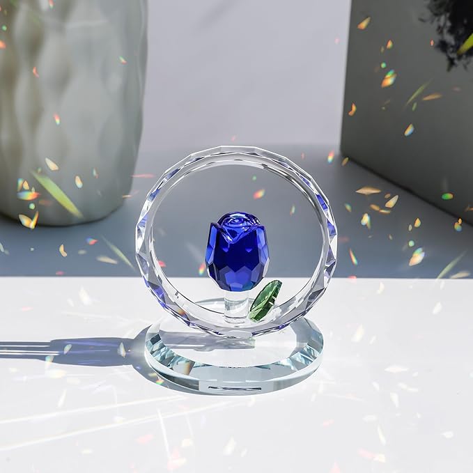 LONGWIN Crystal Blue Rose Flower Figurine Collectible Glass Spring Bouquet Decorative Ornaments for Home Office,Romantic Valentine’s Day, Anniversary & Wedding Gifts for Women