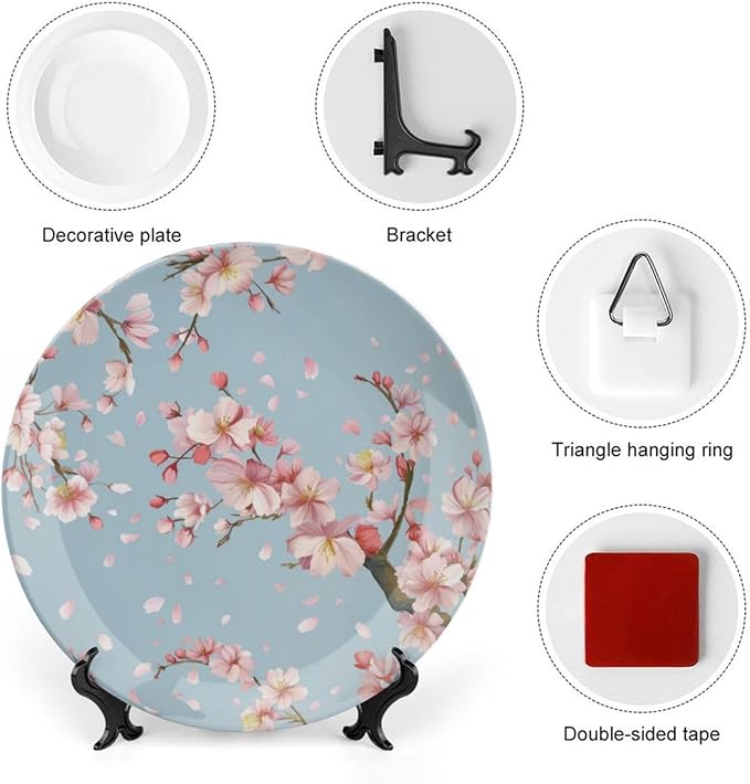 Japanese Spring Theme Decorative Ceramic Plate Round Porcelain Plate,Sakura Tree Branches Pattern,for Decorative Ornaments Giving Plates, 1 Plate with 1 Display Stand,Blue Pink,7 inch