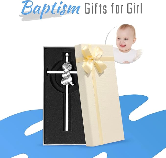 Tryuunion Baby Wall Cross Baptism Gifts for Boys and Girl, 7-inch Blessing Boy Baptism Crosses for First Holy Communion Christening and Dedication Baptismal Gifts (Silver Girl-7 in)