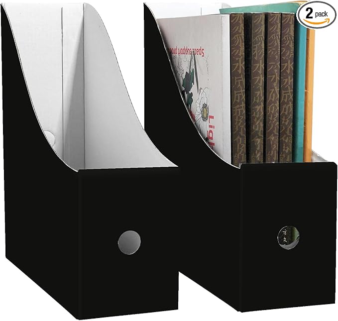 Limitliho 2 Pack Black Cardboard Magazine File Holder for Desktop, Book Bins for Classroom Library, Office or Home, Vertical Paper Boxes for Storage with Label(10.6" H x 10.2" L x 3.5" W in)