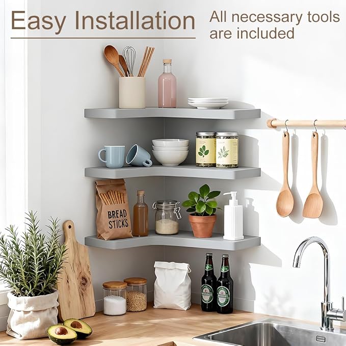 Floating Corner Shelves Set of 3, Solid Wood Picture Wall Shelf, Floating Shelves for Storage for Bedroom Kitchen Bathroom Living Room (Grey)