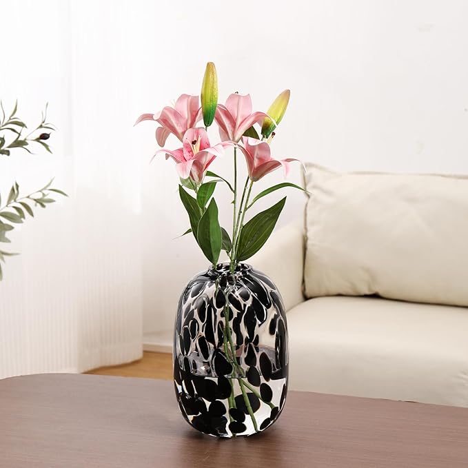 Black Glass Vase, Large Glass Flower Vases for Bouquets, Tall Floor Vase for Living Room, Dining Table, Mantle, Shelf, Wedding, Office, 10 Inches
