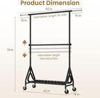Heavy Duty Clothes Rack for Hanging Clothes, Double Rods Clothing Rack with Lockable Wheels, Rolling Garment Racks with Shelf, Easy to Assemble, Black