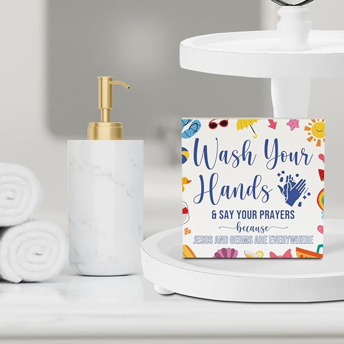 Wash Your Hands Sign Bathroom Decor Summer Bathroom Decor Summer Decorations Wooden Box Sign for Home Office Farmhouse Table Shelf