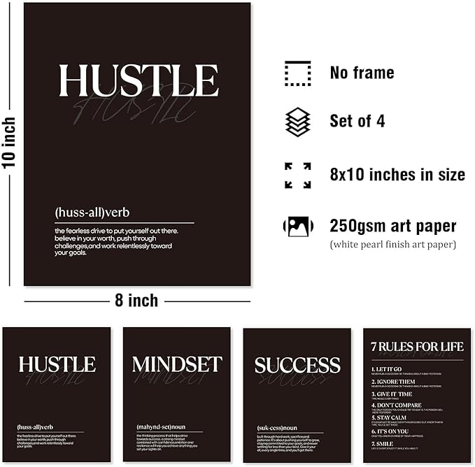 DSHFG Black Motivational Office Pictures Wall Decor Prints Set of 4, Black Motivational Wall Art Decor Tredny Posters Prints for Office Home Room Decor, 8x10 Unframed