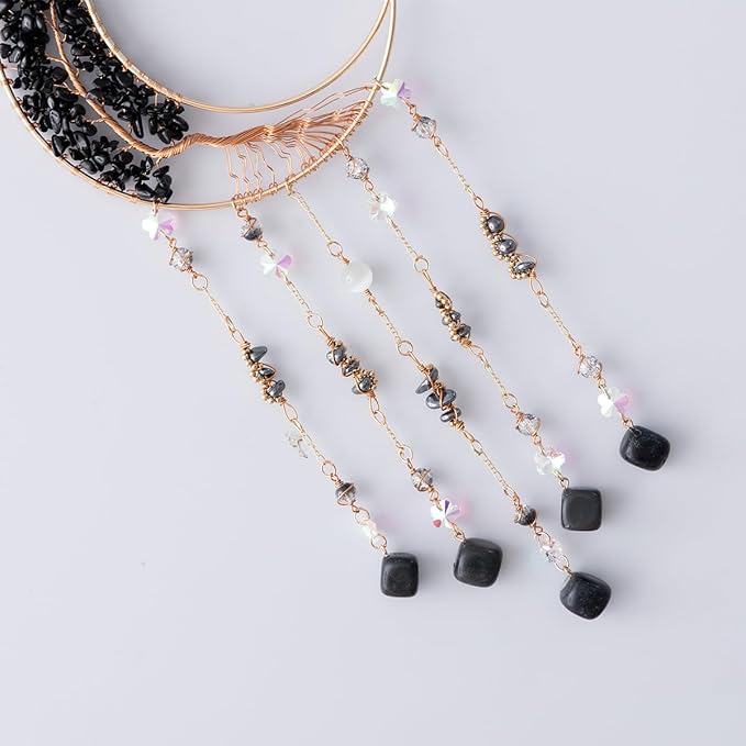 Agate Moon Dream Catchers with Crystal 7 Chakra Gemstone Dream Catchers Color Natural Gem Agate Wall Hangings Room Garden Dreamcatchers Decor (Black)