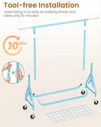 Heavy Duty Clothing Rack, Metal Clothes Rack Load 450 LBS, Rolling Coat Racks for Hanging Clothes with Lockable Wheels, Wardrobe Closet Garment Racks for Bedroom, Sky Blue