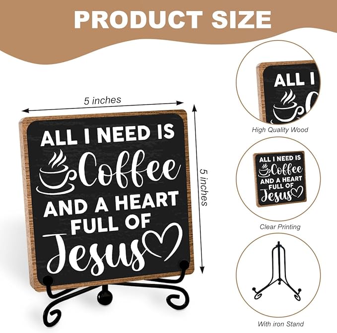 Toerifer Coffee Lover Gifts, Table Sign, Christian Decor, Rustic Wooden, 5x5 Inches