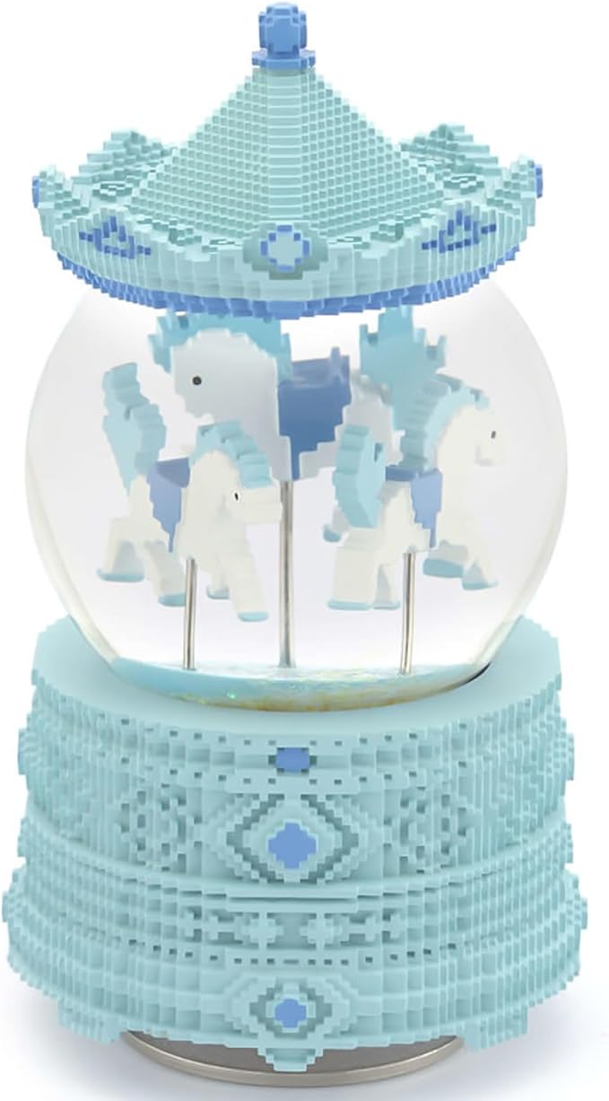 Pixel-Design Carousel Snow Globe Music Box, Compact Decorative Gift for Collectors and Creative Spaces, Light Blue Edition, Plays Toyland Melody