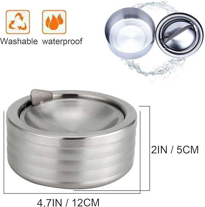 Outdoor Ashtray with Lid, Flip Top Stainless Steel Ash Tray, Metal Windproof Cigarette Ashtrays for Indoor or Outdoor Use, Desktop Ashtray Office Patio Home Decor