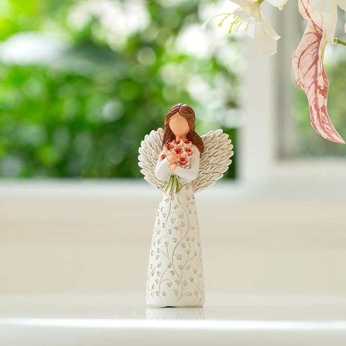 Hand-Painted Angel Figurine with Red Poppy, Remembrance Symbol & Tree of Life Design - Meaningful Gift for Memorial, Hope & Renewal. Angel Statue with Leaf Pattern Dress
