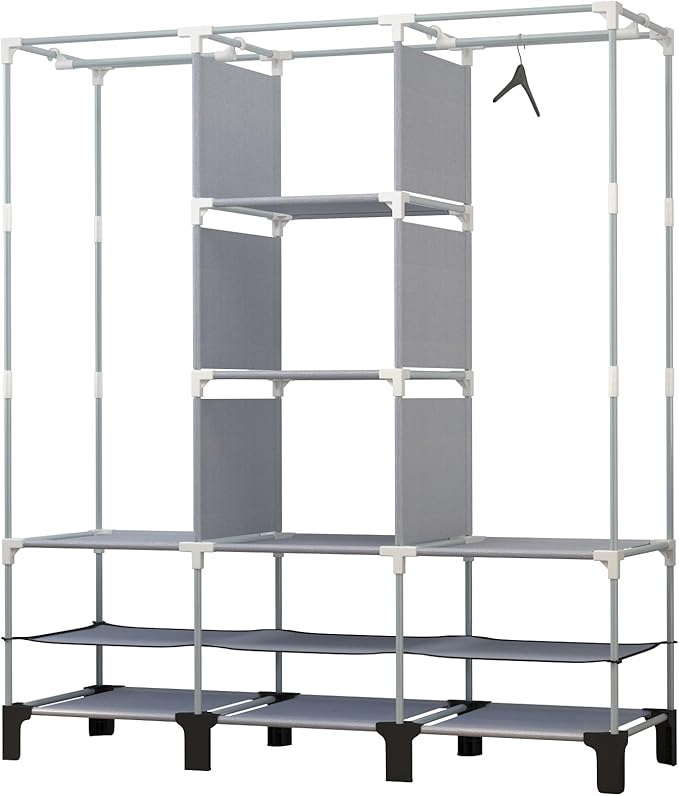 Portable Wardrobe with 10 Storage Racks and 2 Hanging Poles 6 Side Pockets Fleece Cover, Size 130 x 45 x 172 cm, Bedroom Closet Organizer (Beige)