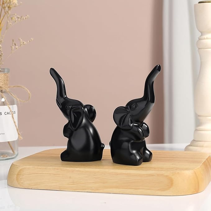 DUQGUHO Mini Black Elephant Gifts for Women, Modern Style Small Animal Statue, 2PCS Elephant Decor for Desk Shelves 3.5Inch