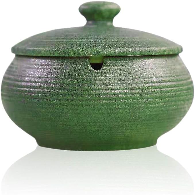 Lependor Ceramic Ashtray with Lid,Windproof,Ash Holder for Smokers,Desktop Smoking Ash Tray for Home Office Decoration - Dark Green