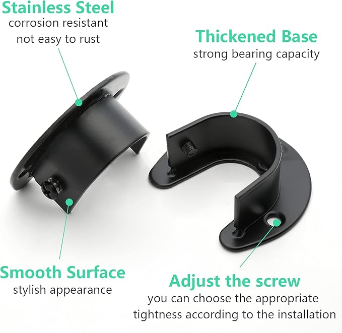 4PCS Heavy Duty Stainless Steel Closet Rod Bracket - 1 Inch Diameter U Shaped Socket Flange Holder End Supports, Black