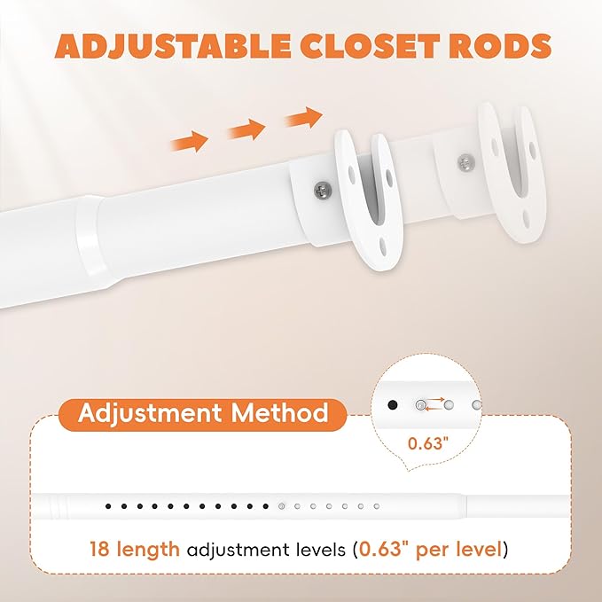 Closet Rod 50-87 Inches, Adjustable Heavy Duty Metal White Closet Rods for Hanging Clothes 1.3 Inches Diameter for Wardrobes Laundry