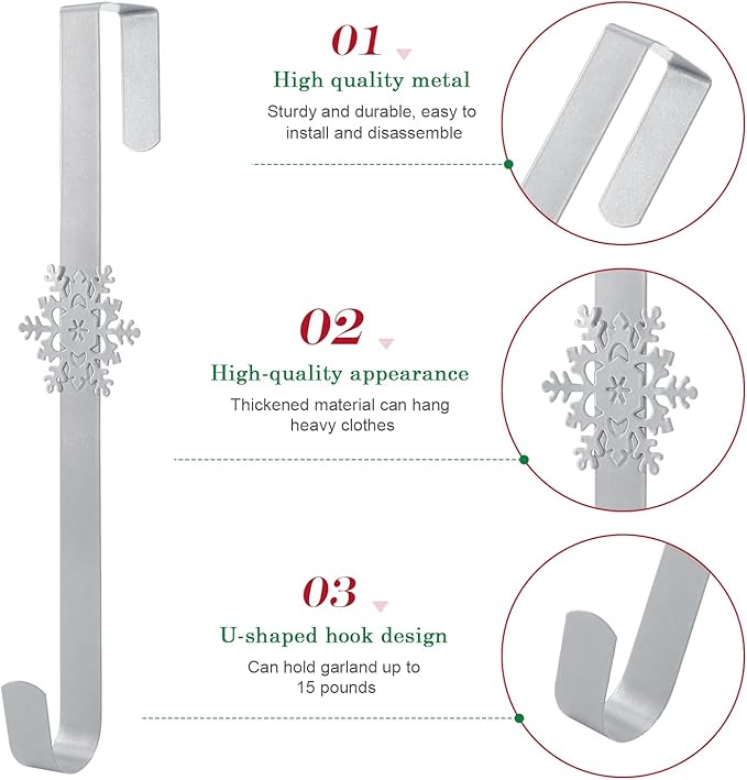 15 inches Christmas Decorative Wreath Hangers for Front Door;Over the Door Hooks (Silver, Snowflake)
