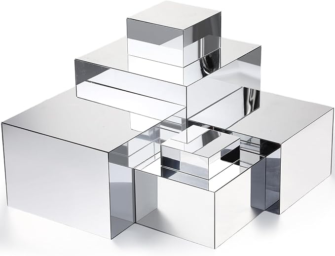 Geelin 6 Pack Acrylic Risers for Display Acrylic Cube Boxes Risers Display Stands with Hollow Bottoms Decorative Stand for Jewelry Candy Table Decor 6 Sizes(Silver,3 to 8 Inch,Square)