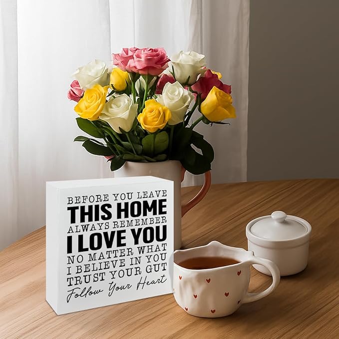 Before You Leave This Home Sign, Heartfelt Family Reminder & Wall Art, Always Remember Signs, I Love You Signs, Wooden Home Decor,Housewarming Gift, Box Sign Decor Tabletop, 5.1x5.1inches